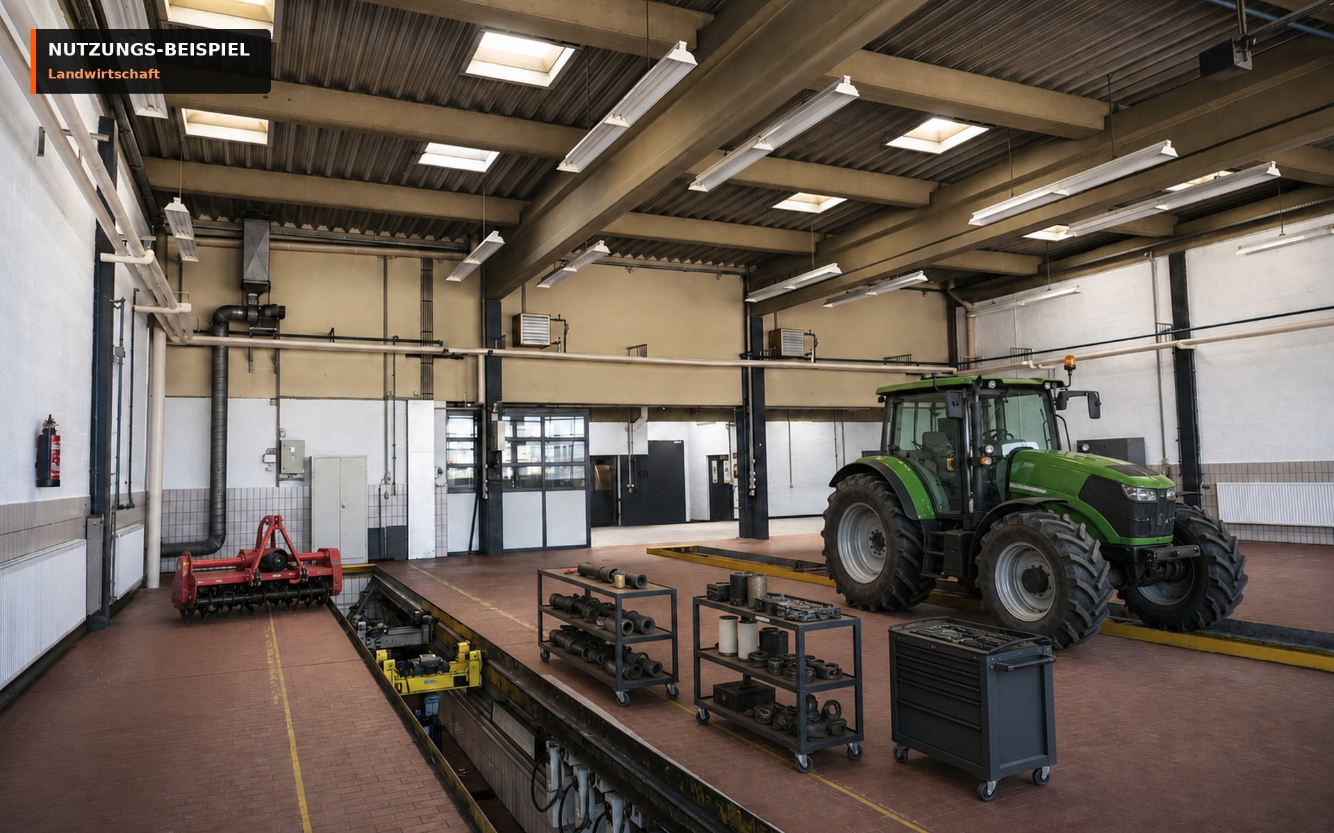 Digitales Nutzungs-Beispiel für Landtechnik und Maschinenservice in der bestehenden Gewerbehalle