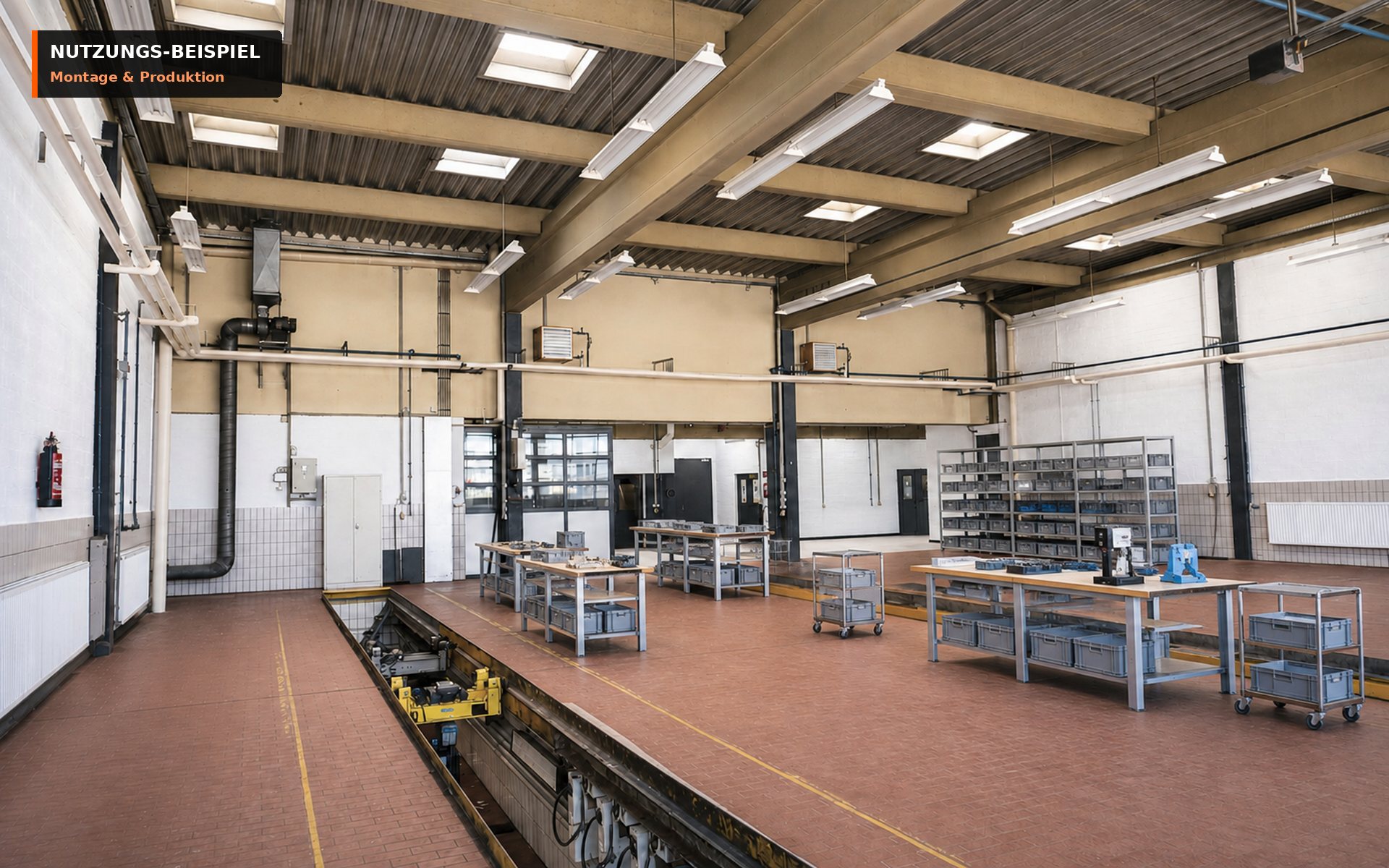 Digitales Nutzungs-Beispiel für leichte Montage und Produktion in der bestehenden Gewerbehalle